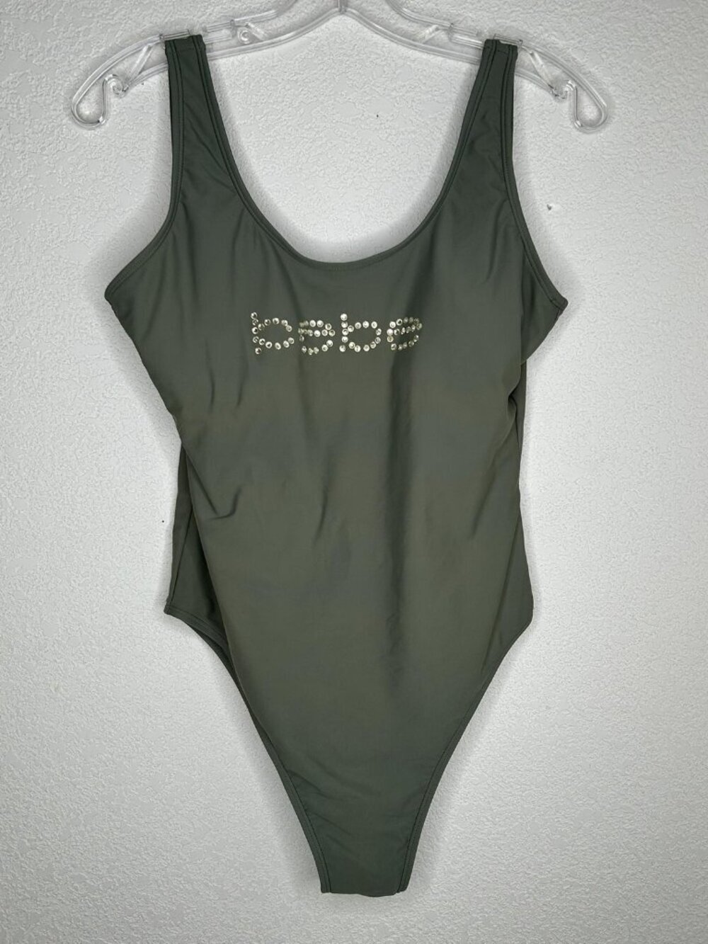 Bebe Swimsuit Womens Medium Green Rhinestone Logo One Piece Scoop Back Tank Y2K